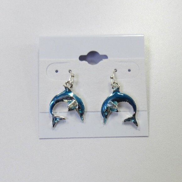 Silver Plated Blue Dolphin Dangle Drop Pierced Earrings - Picture 2 of 3
